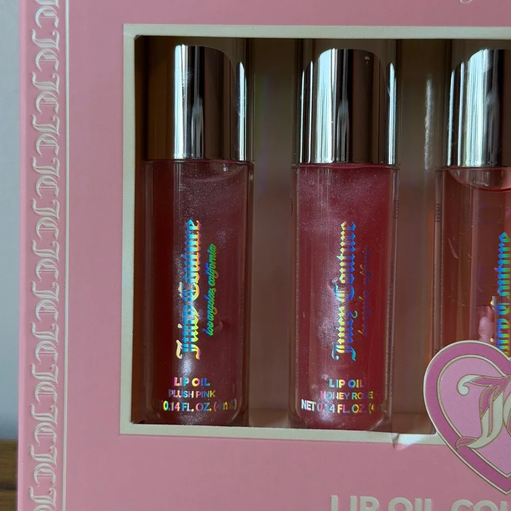New Juicy Couture 5 Pck Lip Gloss Tinted Shimmer Oil Set Makeup Hydrating Pink